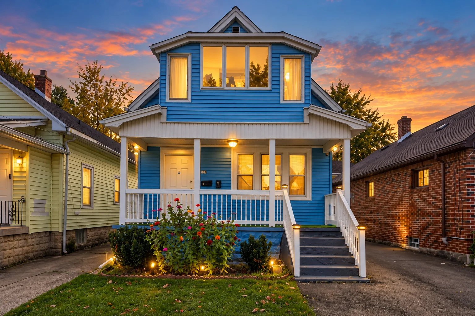 Blue two-story house photographed at twilight with a colorful sunset sky, illuminated windows, and warm exterior lighting.