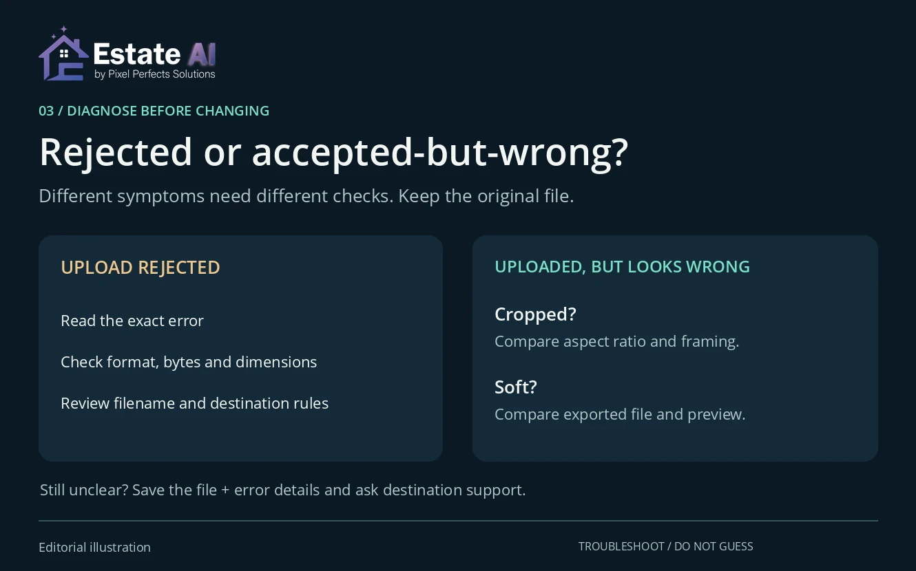 Two-column troubleshooting illustration distinguishing upload rejection from cropped or soft uploaded images.