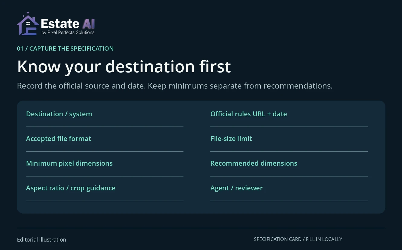 Blank destination specification card with fields for official rules, accepted format, file size, minimum and recommended dimensions, crop guidance and reviewer.