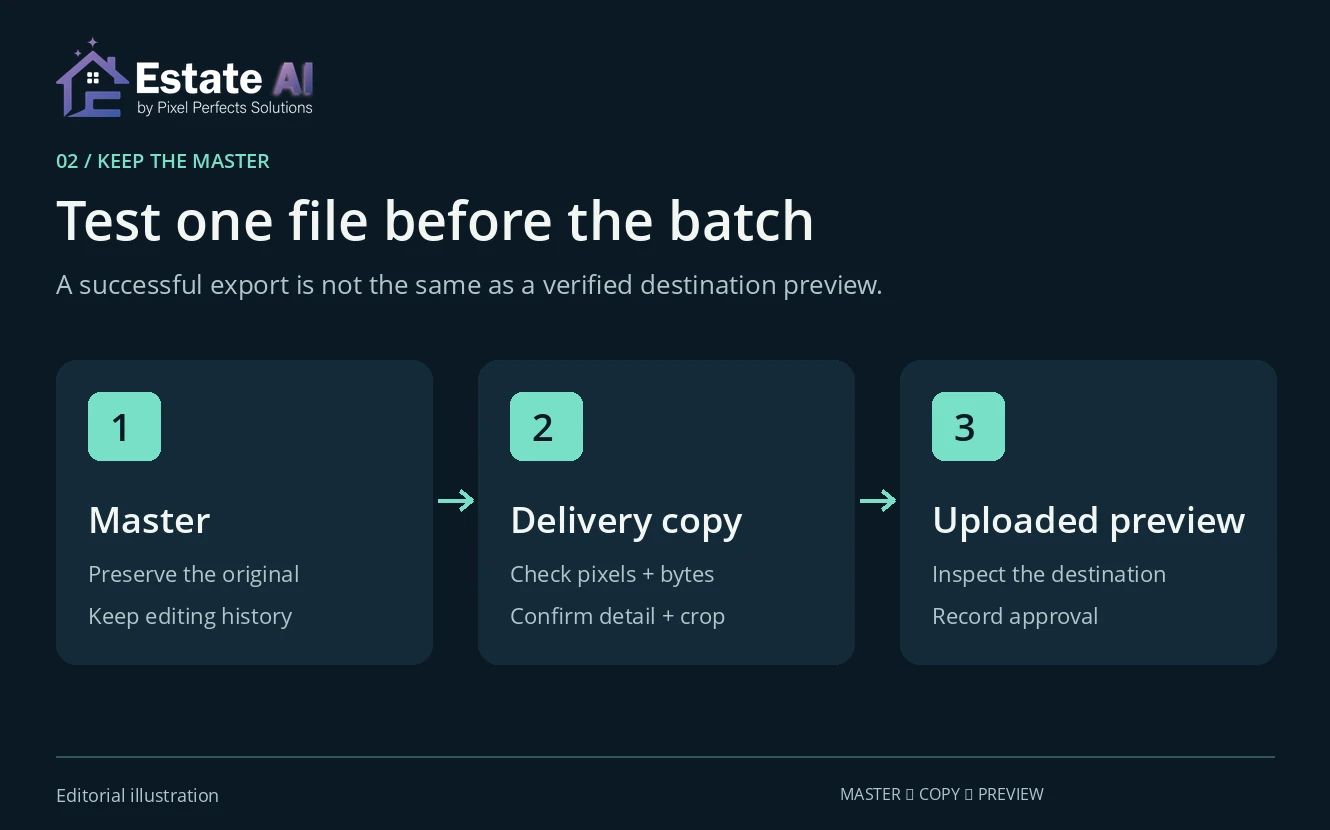 Three-step editorial diagram showing a preserved master, checked delivery copy and inspected uploaded preview.
